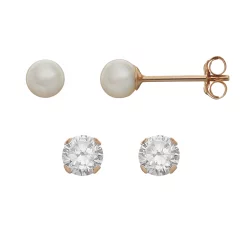 Taylor Grace Freshwater Cultured Pearl & Cubic Zirconia 10k Gold Stud Earring Set