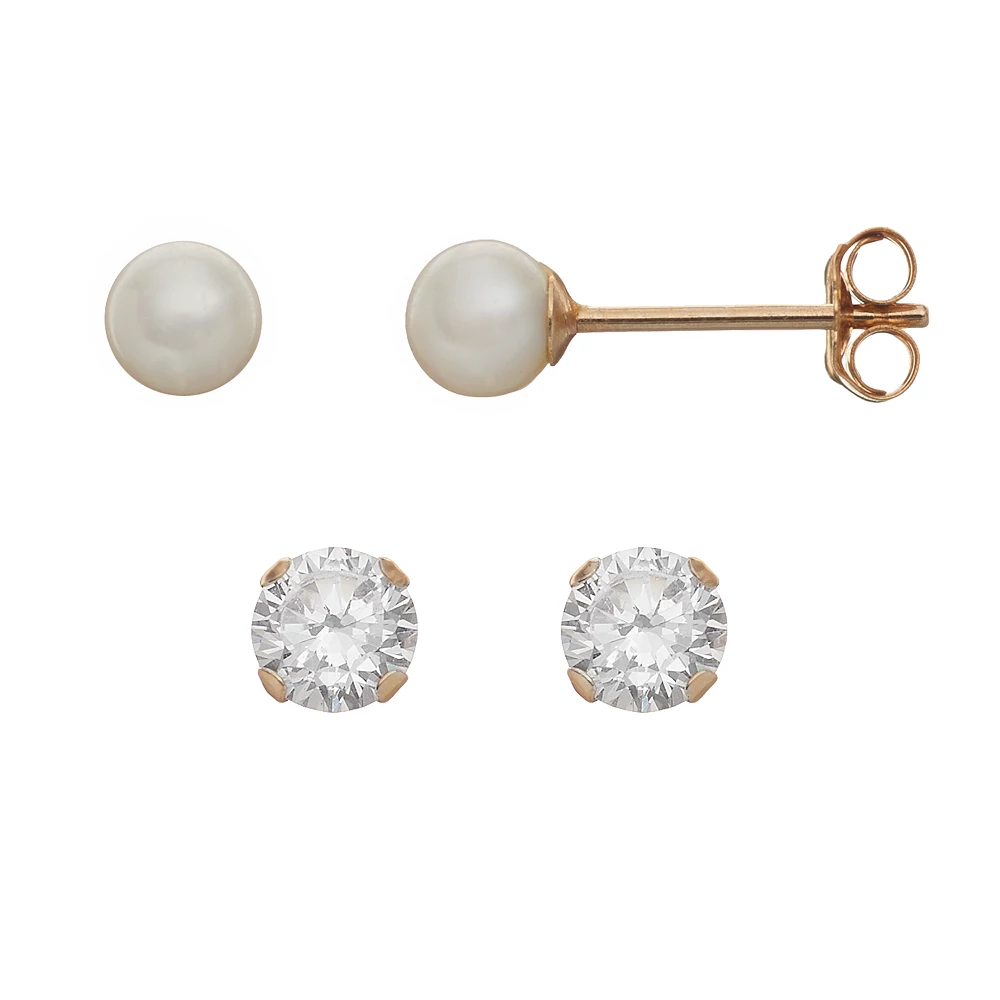 Taylor Grace Freshwater Cultured Pearl & Cubic Zirconia 10k Gold Stud Earring Set 3 Taylor Grace Freshwater Cultured Pearl & Cubic Zirconia 10k Gold Stud Earring Set