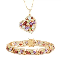 Gemstone 18k Gold Over Bronze Heart Pendant Necklace & Bracelet Set