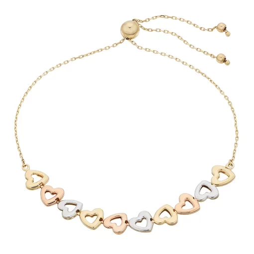 Tri-Tone 14k Gold Heart Link Bolo Bracelet -Fleece Shop 3298075