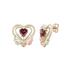 Black Hills Gold Tri-Tone Garnet Heart Stud Earrings