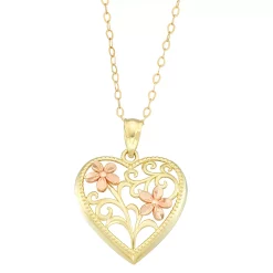 Two Tone 10k Gold Flower Filigree Heart Pendant Necklace