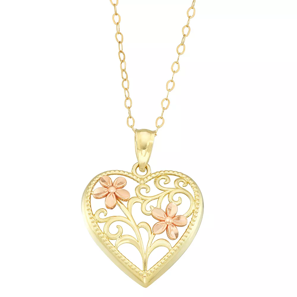 Two Tone 10k Gold Flower Filigree Heart Pendant Necklace 3 Two Tone 10k Gold Flower Filigree Heart Pendant Necklace