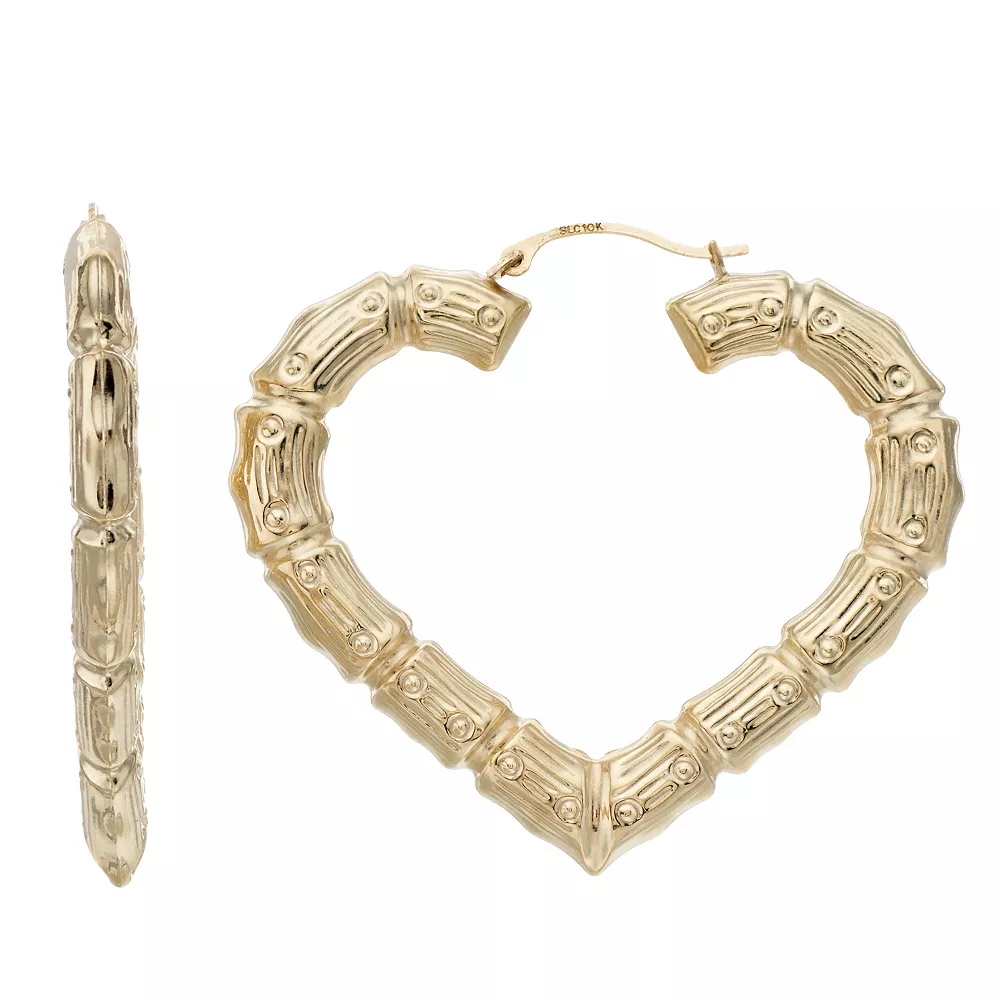 10k Gold Textured Heart Hoop Earrings 3 10k Gold Textured Heart Hoop Earrings