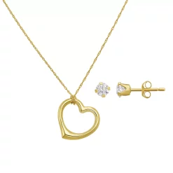 Taylor Grace 10k Gold Cubic Zirconia Open Heart Necklace & Stud Earrings Set